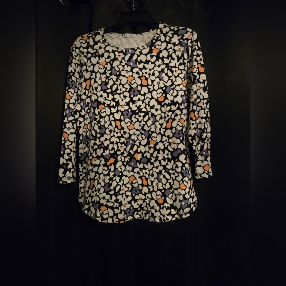Avon Floral 3/4 Sleeve Top Size L 12-14 Black Cotton Blouse